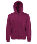 The Fruit of the Loom SS822 is a burgundy zip-up hoodie featuring a front pocket and drawstring hood, displayed against a white background.