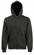A plain dark green SS822 zip-up hoodie by Fruit of the Loom, featuring front pockets and a hood.