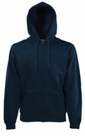 The Fruit of the Loom SS822 is a dark blue zip-up hoodie featuring a hood with adjustable drawstrings, long sleeves, and a front pocket. The image showcases the hoodie against a plain white background.