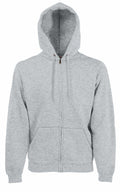 The SS822 by Fruit of the Loom is a light gray zip-up hoodie featuring a front pocket and a drawstring hood, set against a white background.