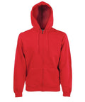 The SS822 by Fruit of the Loom is a plain red zip-up hoodie with an attached hood and drawstrings. It has a front zipper and two pockets, showcased against a plain white background.