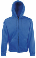 Introducing the SS822, a plain blue hoodie from Fruit of the Loom. This design features a zipper, pouch pocket, and drawstring hood. The product is showcased against a white background.