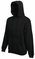 Fruit of the Loom's SS824 black hooded sweatshirt features a front pocket and drawstrings, presented on a plain background.