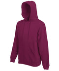 The SS824 by Fruit of the Loom is a plain maroon hoodie featuring a front pocket and a drawstring hood.
