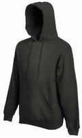 The SS824 from Fruit of the Loom is a plain black hoodie featuring a front pocket and a drawstring hood.