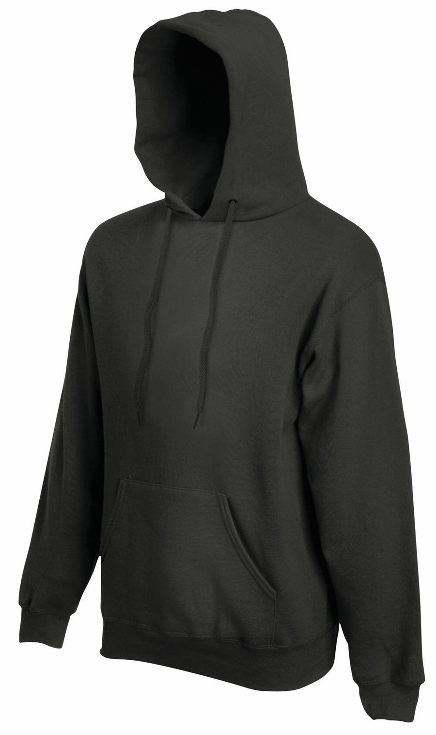 The SS824 from Fruit of the Loom is a plain black hoodie featuring a front pocket and a drawstring hood.
