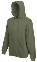 The SS824 by Fruit of the Loom is an olive green hoodie featuring a front pocket and a drawstring hood. This sweatshirt boasts long sleeves and a relaxed fit, showcased against a plain white background.