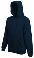 A plain dark blue hoodie from Fruit of the Loom, model SS824, featuring a front pocket and drawstrings. The hoodie is shown on a white background with the hood up, with no visible logos or designs.