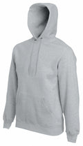 A Fruit of the Loom hoodie, product SS824, features a simple grey design with a front pocket and drawstring hood, displayed against a white background. It has long sleeves and ribbed cuffs for a casual and comfortable style.