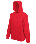 The Fruit of the Loom SS824 is a plain red hoodie featuring a front pocket and drawstring hood, with cuffed sleeves, showcased against a white background.