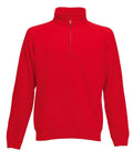 The Fruit of the Loom SS830 is a vibrant red pullover featuring long sleeves and a high collar. It has a front half-zipper along with ribbed cuffs and hem, offering a simple yet casual design.