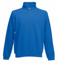 A Fruit of the Loom SS830, featuring a blue quarter-zip pullover design with long sleeves and a high collar, is showcased against a white background. The garment exudes simplicity and casual style, making it ideal for cool weather.