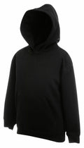 A black hoodie with a front pocket and a hood from Fruit of the Loom, product code SS873.