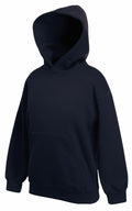 The Fruit of the Loom SS873 is a plain black hooded sweatshirt featuring long sleeves and a front pocket.