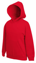 Fruit of the Loom's SS873, a red hooded sweatshirt with a front pocket, is displayed from the front with the hood up against a white background.