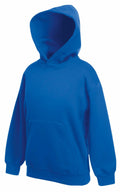 The Fruit of the Loom SS873 features a vibrant blue hue and showcases a spacious hood, front pocket, and long sleeves. It boasts a relaxed fit and is displayed against a plain white background.