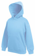 A Fruit of the Loom SS873 hoodie in light blue, featuring long sleeves, a front pocket, and a hood, showcased against a plain white background. The hoodie seems to be crafted from soft fabric.