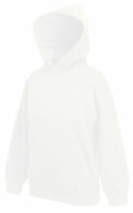 The SS873 by Fruit of the Loom is a white hooded sweatshirt displayed on a plain background. This hoodie includes a sizable front pocket and long sleeves, with the hood raised to emphasize its soft and comfortable material.