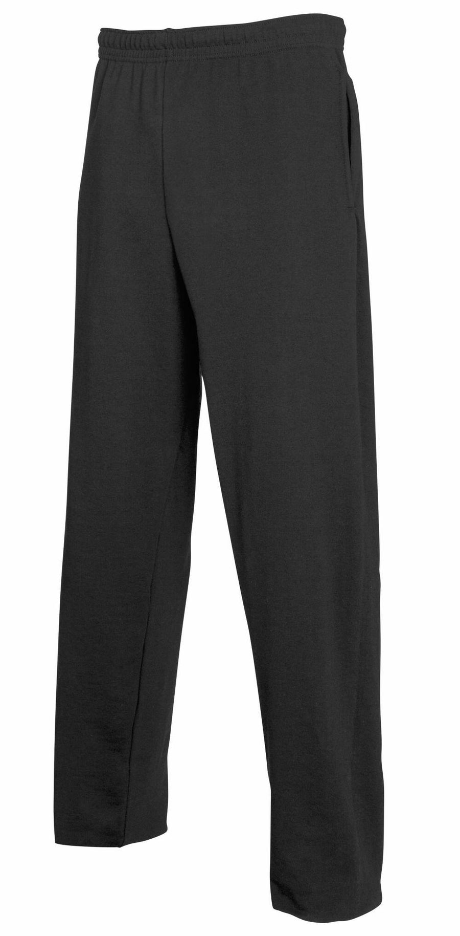 Fruit of the Loom SS904 sweatpants in black feature an elastic waistband and side pockets, set against a white background.