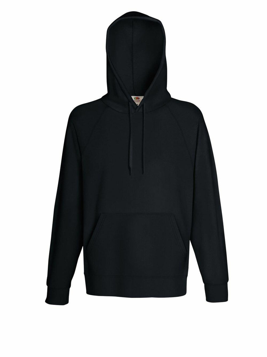 The Fruit of the Loom SS925 is a plain black hoodie featuring a front pocket and a drawstring hood.