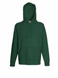 Fruit of the Loom SS925 green hooded sweatshirt featuring a front pocket and drawstring.