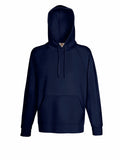 Introducing the Fruit of the Loom SS925: a navy blue hoodie featuring a front pocket and drawstring hood, set against a white background. This hoodie comes with long sleeves and ribbed cuffs for comfort and style.
