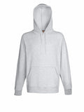 The Fruit of the Loom SS925 is a plain gray hoodie featuring a front pocket and drawstrings. It comes with the hood up, long sleeves, and offers a relaxed fit.