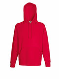 The SS925 by Fruit of the Loom is displayed against a plain white background, showcasing its bright red color, front pocket, and drawstring hood. This hoodie features long sleeves and a loose, casual fit.