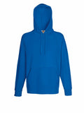 Image of the Fruit of the Loom SS925, a plain blue hoodie featuring a hood, long sleeves, and a front kangaroo pocket. The hoodie includes drawstrings for adjusting the hood. The background is plain white.