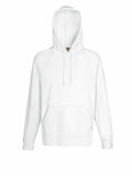 Product Description: The Fruit of the Loom SS925 is a plain white hoodie featuring long sleeves, a relaxed fit, a front pocket, and drawstrings, and is displayed against a white background.
