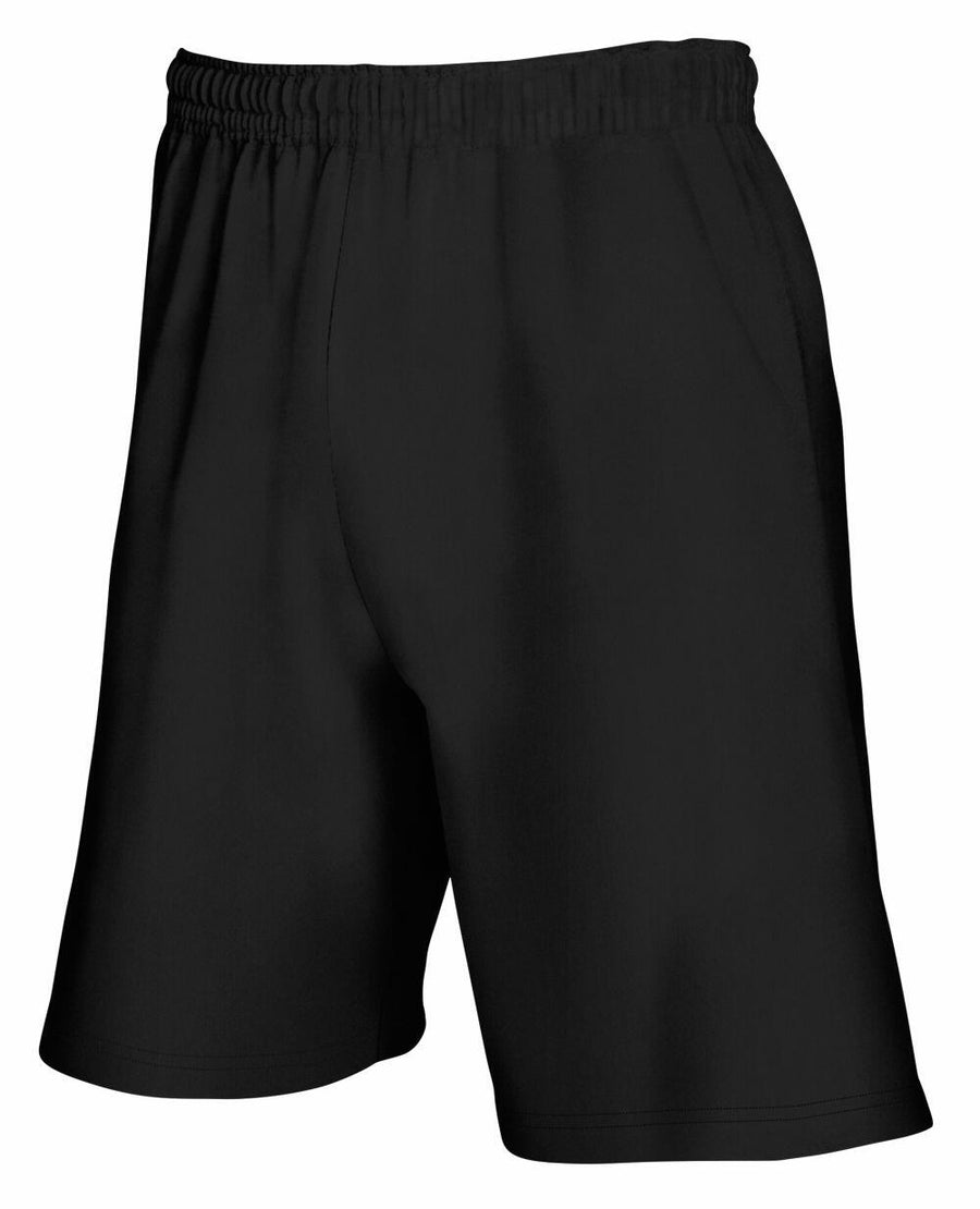 Fruit of the Loom SS955 black athletic shorts feature an elastic waistband and side pockets.
