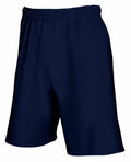 Fruit of the Loom SS955 dark blue athletic shorts feature an elastic waistband and a loose fit.