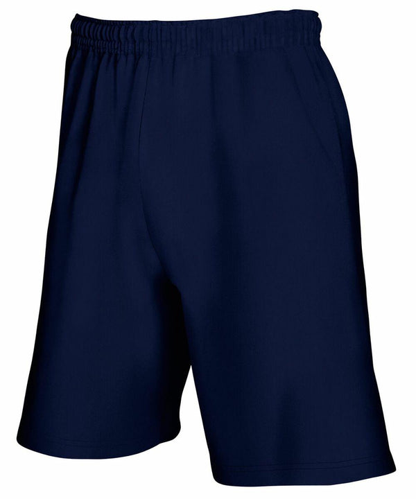 A pair of plain navy blue SS955 athletic shorts with an elastic waistband by Fruit of the Loom.