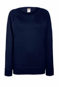 A plain, navy blue long-sleeve sweatshirt with a crew neckline and ribbed cuffs and hem from Fruit of the Loom's SS960 line. The tag is visible at the neckline, and the fabric seems soft and comfortable.
