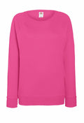 A vibrant pink crewneck sweatshirt with long sleeves and a minimalist design. The label from Fruit of the Loom is visible at the back of the neck.