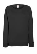 The Fruit of the Loom SS960 is showcased against a white background. This plain black long-sleeve sweatshirt features a round neckline, ribbed cuffs, and a minimalist design without any visible logos or patterns.