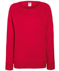 A plain red sweatshirt, identified as SS960 by Fruit of the Loom, with long sleeves and a crew neckline is displayed against a white background. The fabric looks soft and comfortable, making it ideal for casual wear.