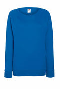 A Fruit of the Loom plain, long-sleeved blue sweatshirt (Product Name: SS960) is displayed on a white background. It features a round neckline and ribbed cuffs.