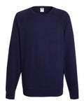 The sweatshirt, model SS970 from Fruit of the Loom, is plain navy blue with long sleeves and a crew neck. The fabric has a soft and slightly textured appearance, and features ribbed cuffs and waistband. It is showcased against a white background.