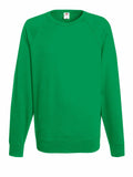 The Fruit of the Loom SS970 is a plain green crewneck sweatshirt featuring long sleeves and a soft fabric. It comes with ribbed cuffs and hem, and the tag is visible at the neckline.