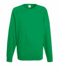 A plain green crewneck sweatshirt with long sleeves, front view, SS970 by Fruit of the Loom.