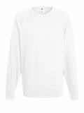 Product SS970 from Fruit of the Loom is a plain white crew neck sweatshirt with long sleeves, exhibited against a white background. The sweatshirt features ribbed cuffs and a ribbed waistband, embodying a simple and classic design.