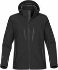 Stormtech's ST011 is a black hooded jacket featuring zippers and multiple pockets, designed for outdoor use.