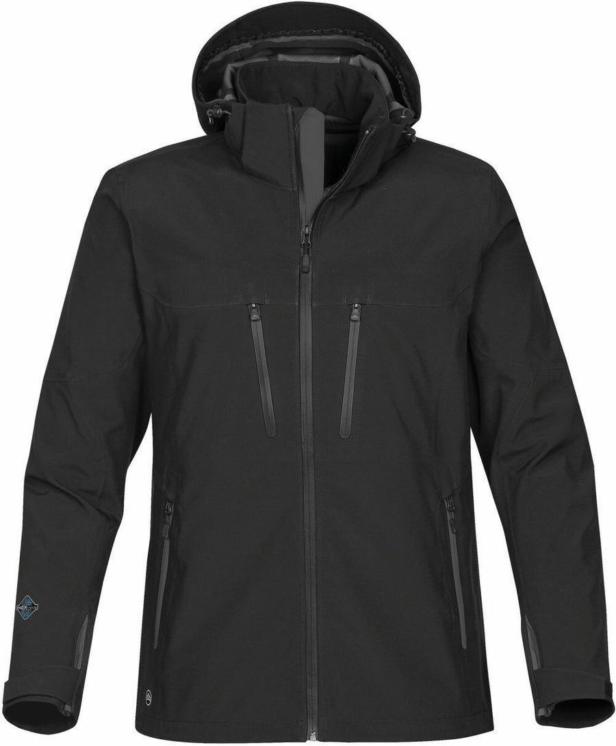 Stormtech's ST011 is a black hooded jacket featuring zippers and multiple pockets, designed for outdoor use.