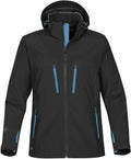 Stormtech ST011 hooded jacket in black featuring blue zipper accents and multiple pockets.