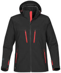 Stormtech's ST011 is a black hooded jacket featuring red zippers on the chest and pockets, designed for outdoor use.