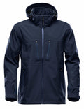The Stormtech ST011 is a navy blue jacket that includes a hood, front zipper, and two chest pockets. It also features adjustable cuffs and a sleek design, making it suitable for outdoor activities.