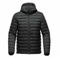 Stormtech's ST013 is a black puffer jacket with a hood, featuring horizontal quilting and a front zipper.