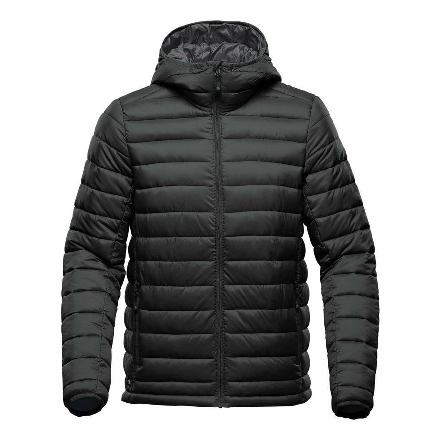 Stormtech's ST013 is a black puffer jacket with a hood, featuring horizontal quilting and a front zipper.