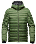 The Stormtech ST013, a green puffer jacket featuring a hood and front zipper, is displayed against a white background.